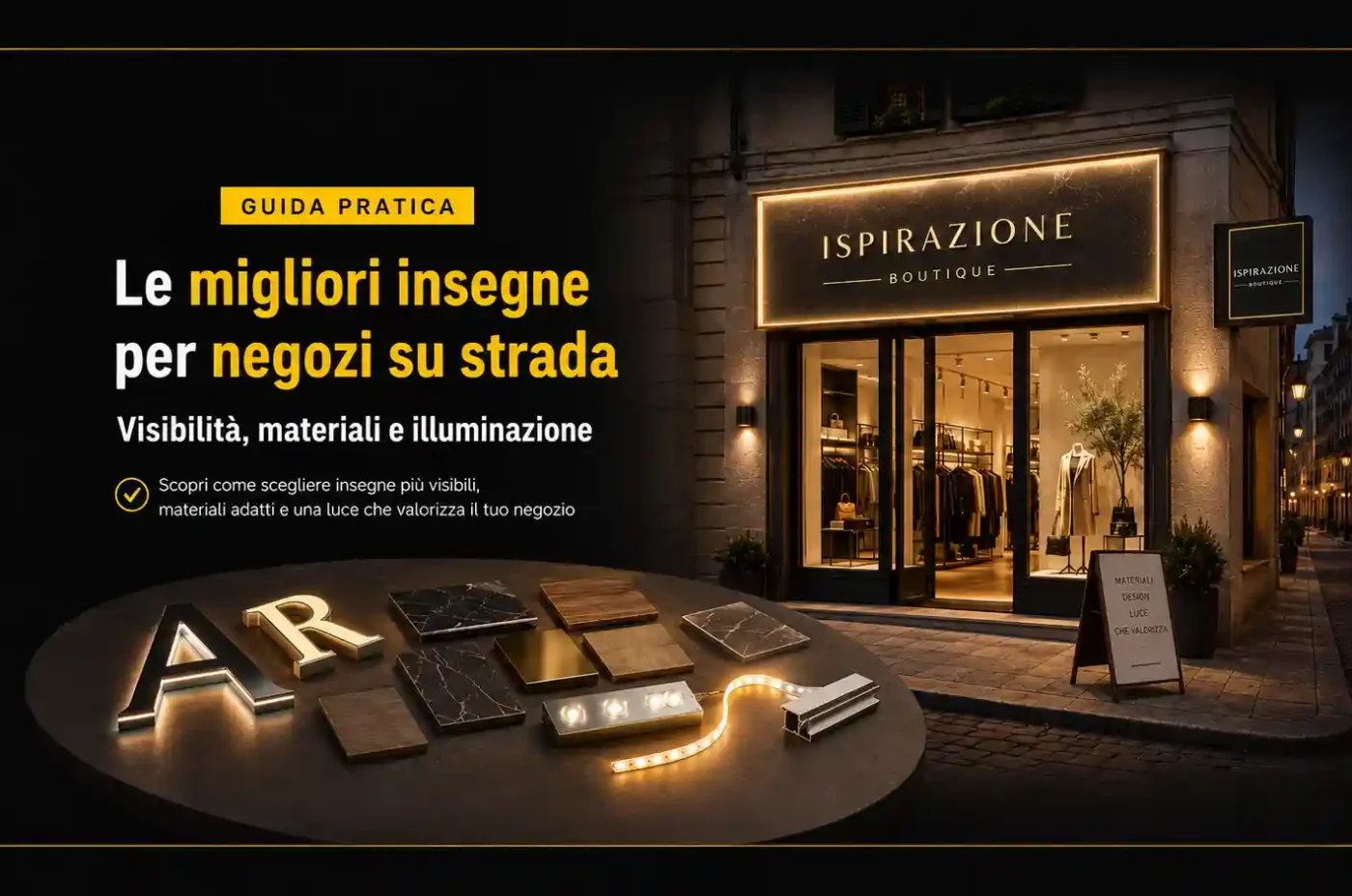 Le migliori insegne per negozi su strada: visibilità, materiali e illuminazione
