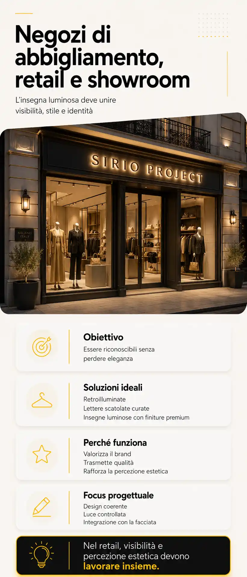 Insegne luminose per negozi di abbigliamento retail e showroom Sirio Project