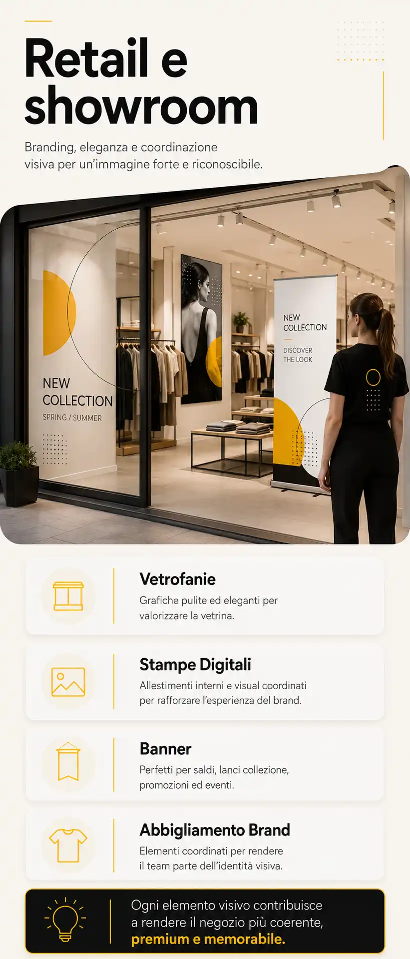 Vetrofanie stampe digitali banner e abbigliamento brand per negozi di abbigliamento retail e showroom