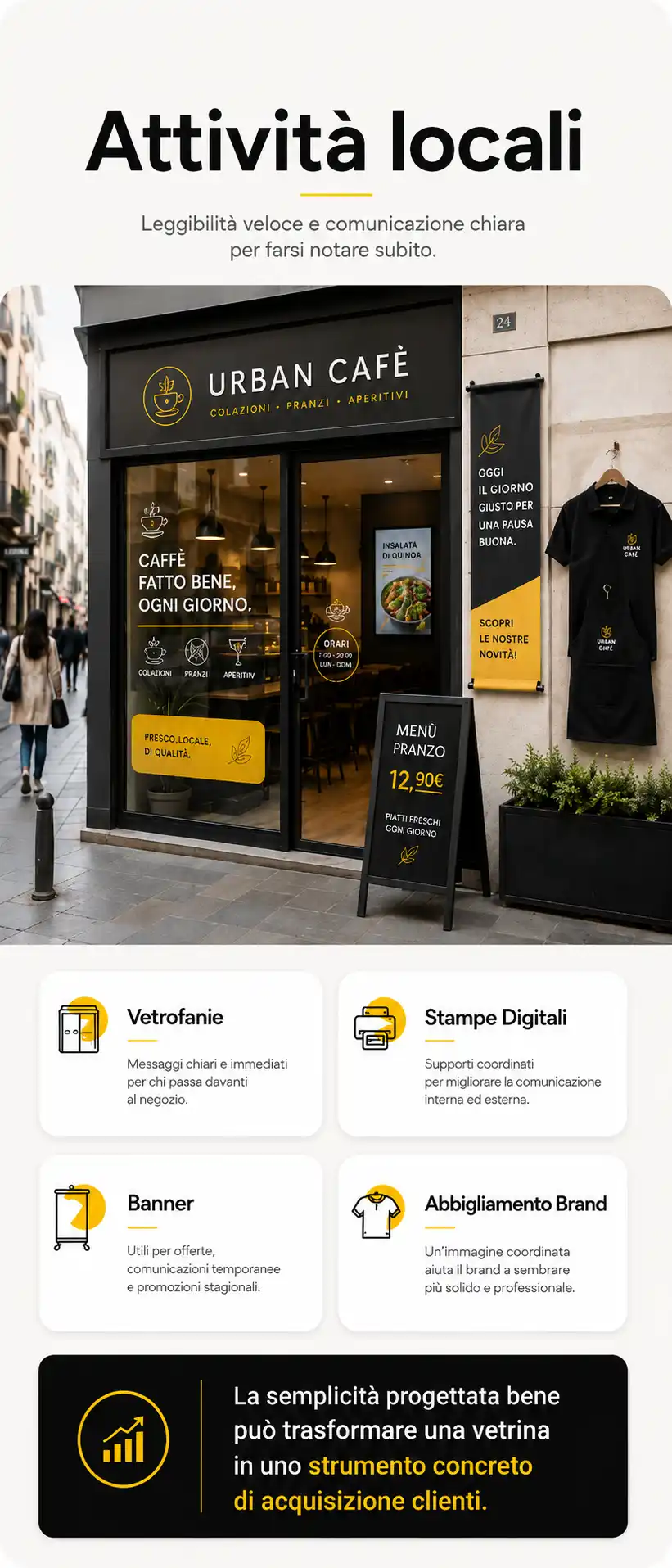 Vetrofanie stampe digitali banner e abbigliamento brand per negozi su strada e attività locali