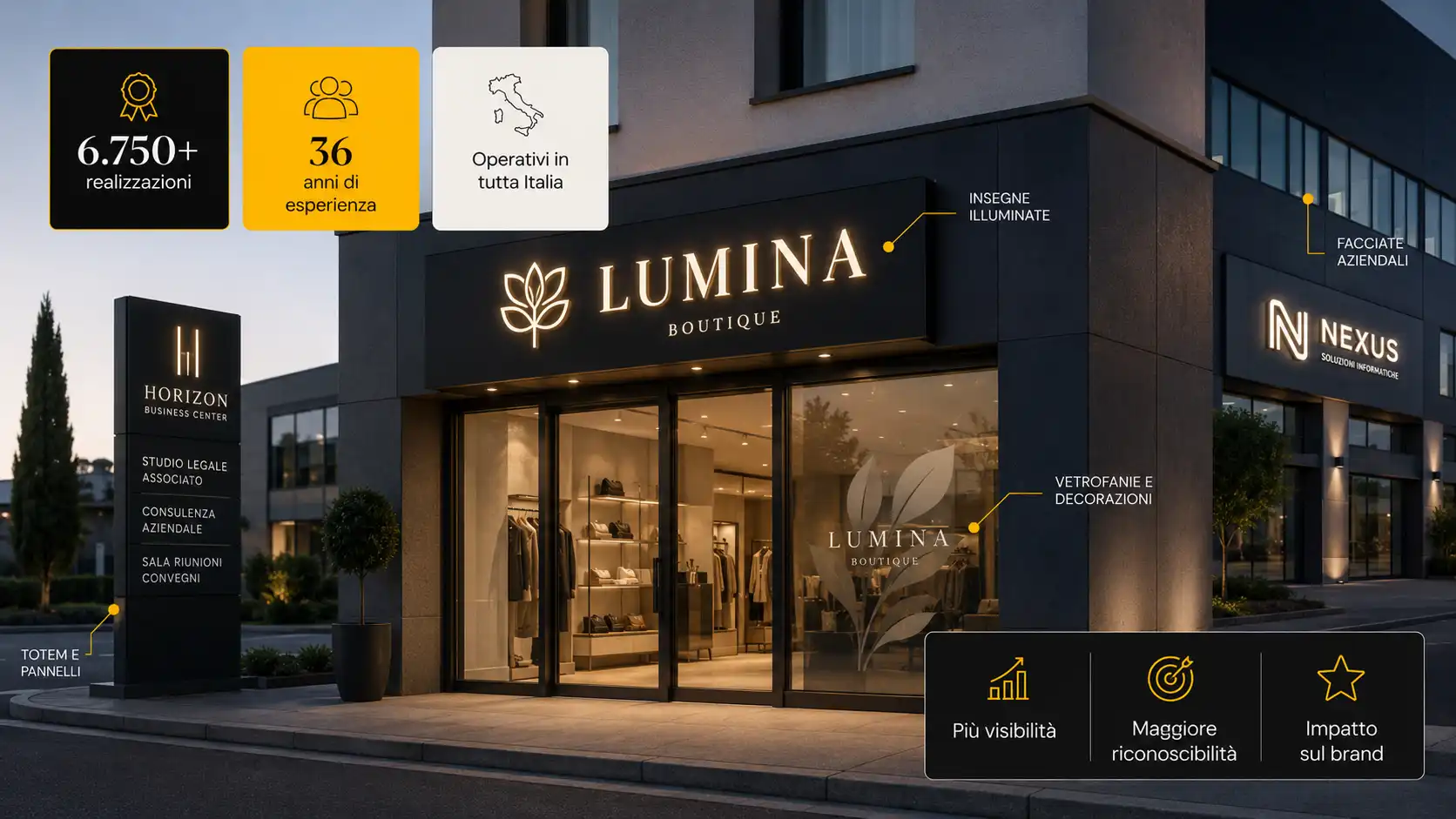Realizzazioni Sirio Project con insegne luminose, vetrofanie, pannelli e facciate commerciali curate