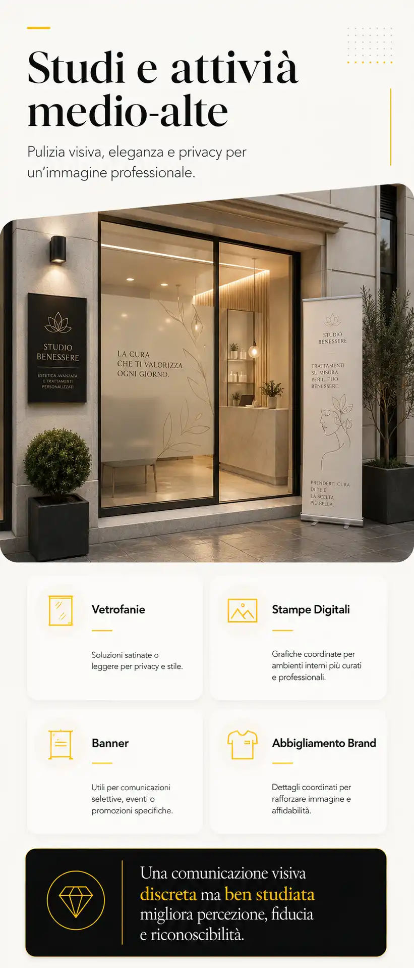 Vetrofanie stampe digitali banner e abbigliamento brand per studi professionali e attività medio alte