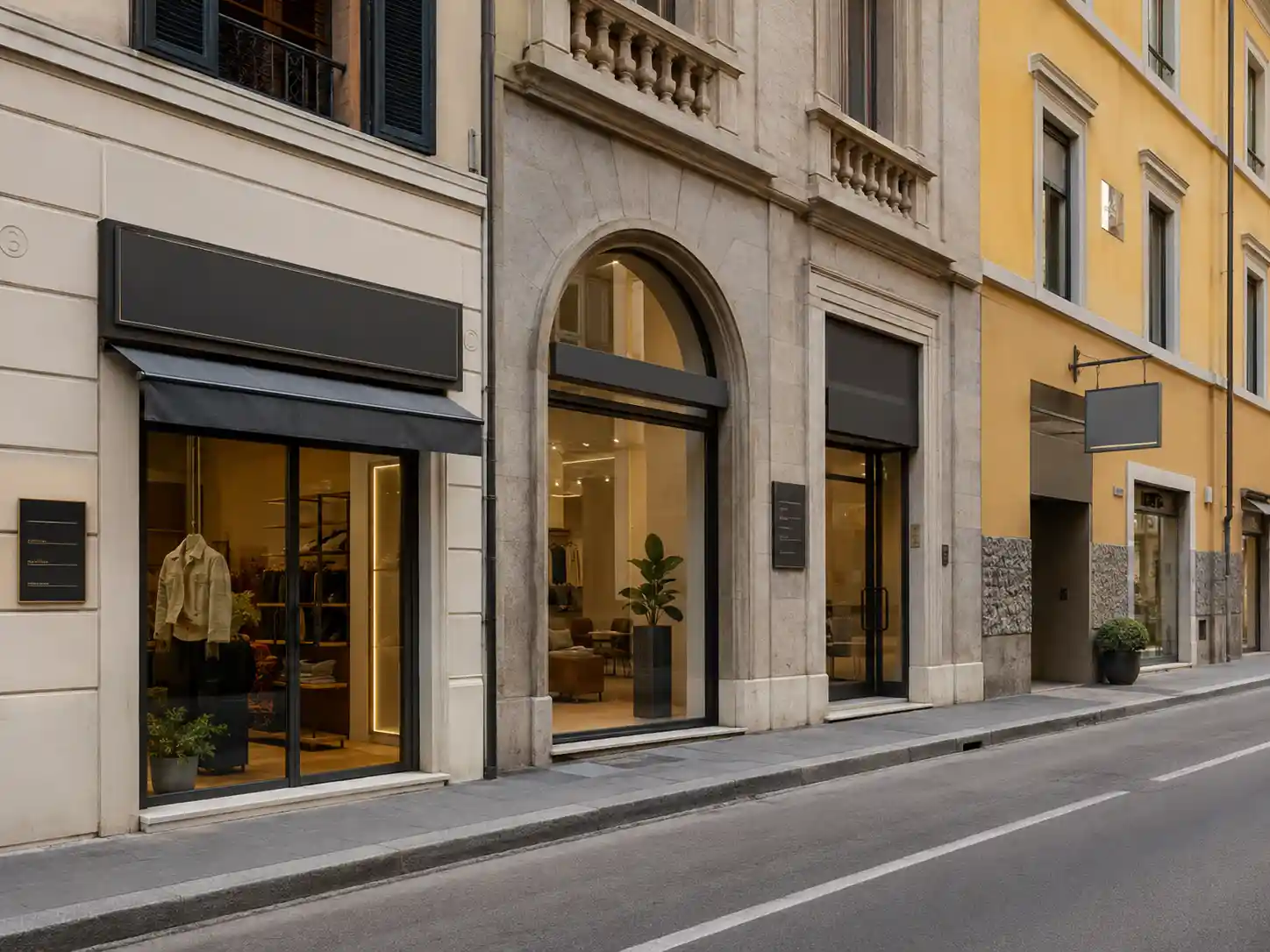 Facciata e vetrina di attività commerciale con insegna su misura progettata sul contesto reale